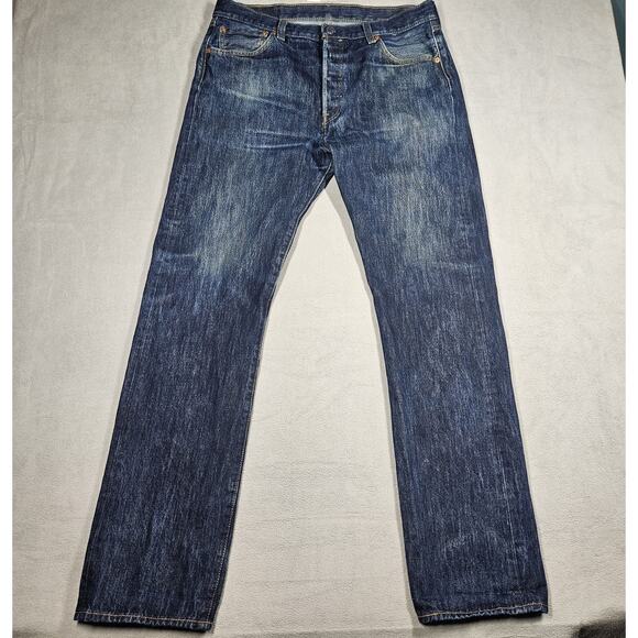Levis 501 Jeans Mens Size 35x32.5 Straight Fit Cotton Denim Blue Distressed Worn - Picture 1 of 16